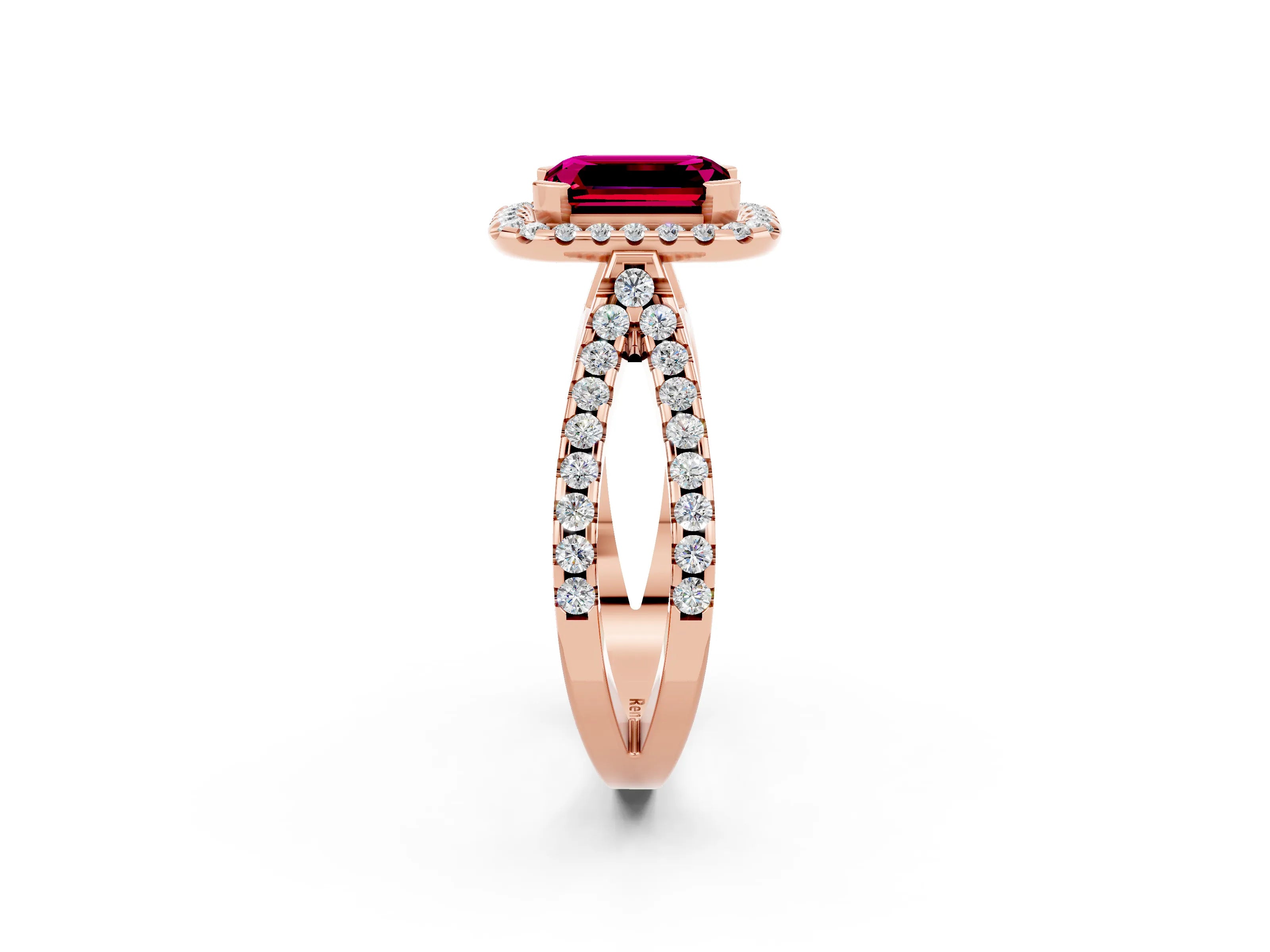 Rose gold Emerald Cut Garnet Halo Ring with Split Shank Pavé Band and Prong Setting_2