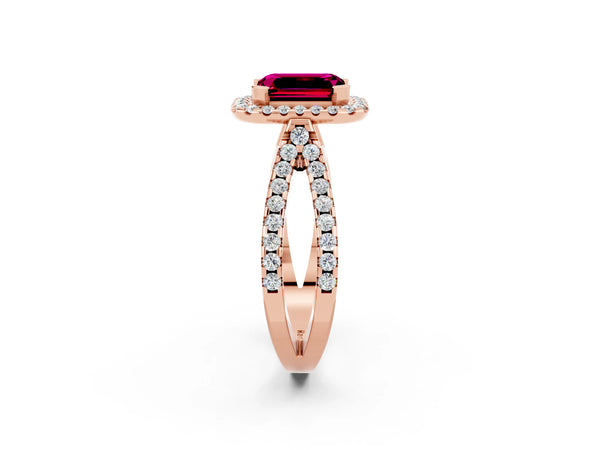 Rose gold Emerald Cut Garnet Halo Ring with Split Shank Pavé Band and Prong Setting
