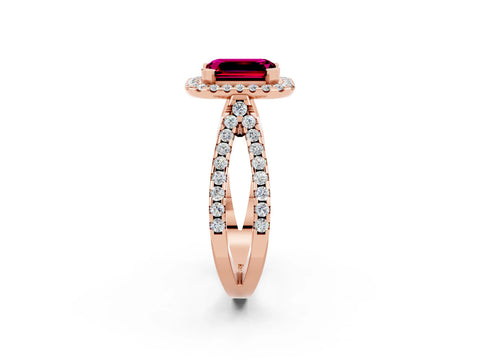 Rose gold Emerald Cut Garnet Halo Ring with Split Shank Pavé Band and Prong Setting_2