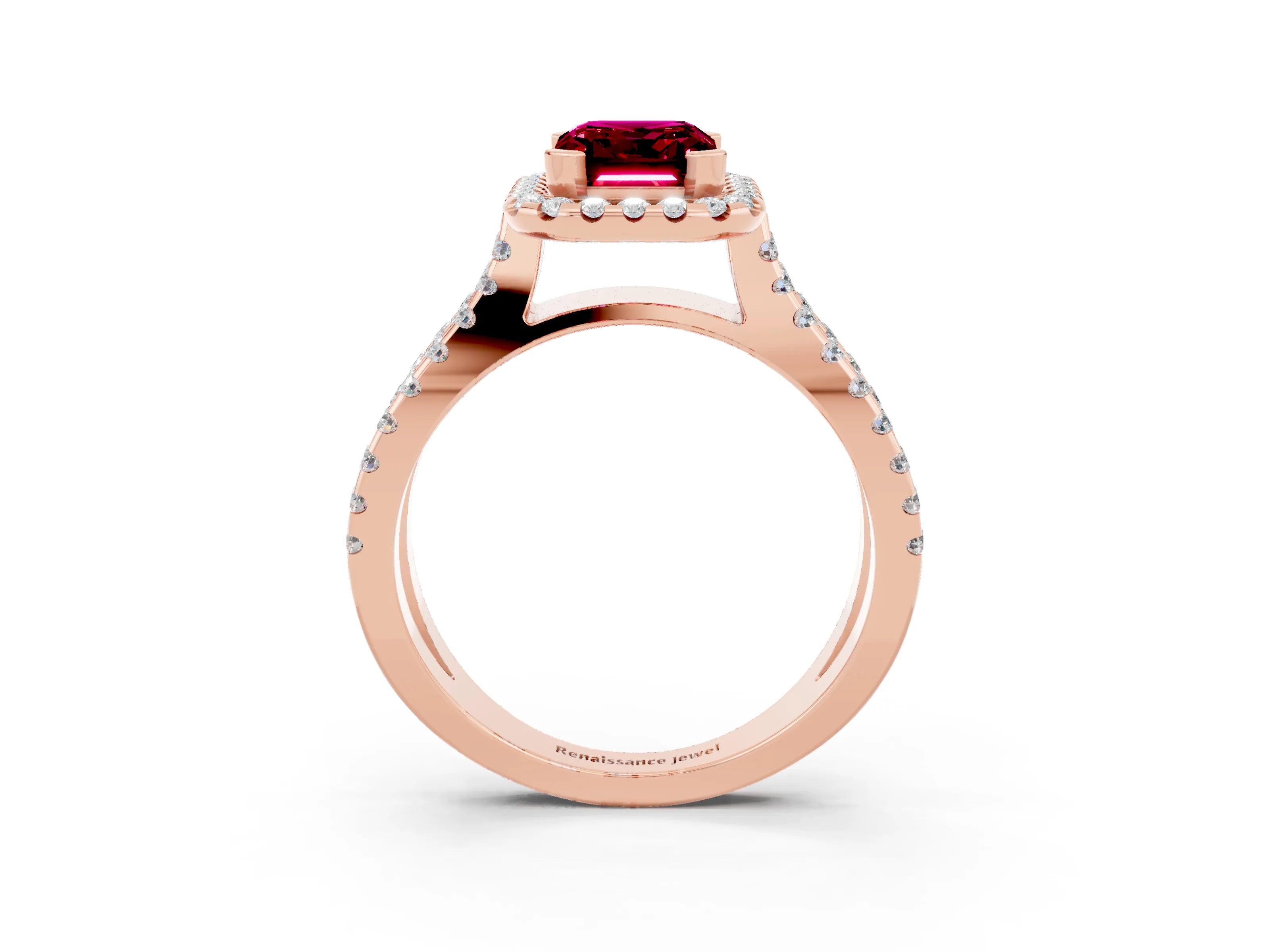 Rose gold Emerald Cut Garnet Halo Ring with Split Shank Pavé Band and Prong Setting_3