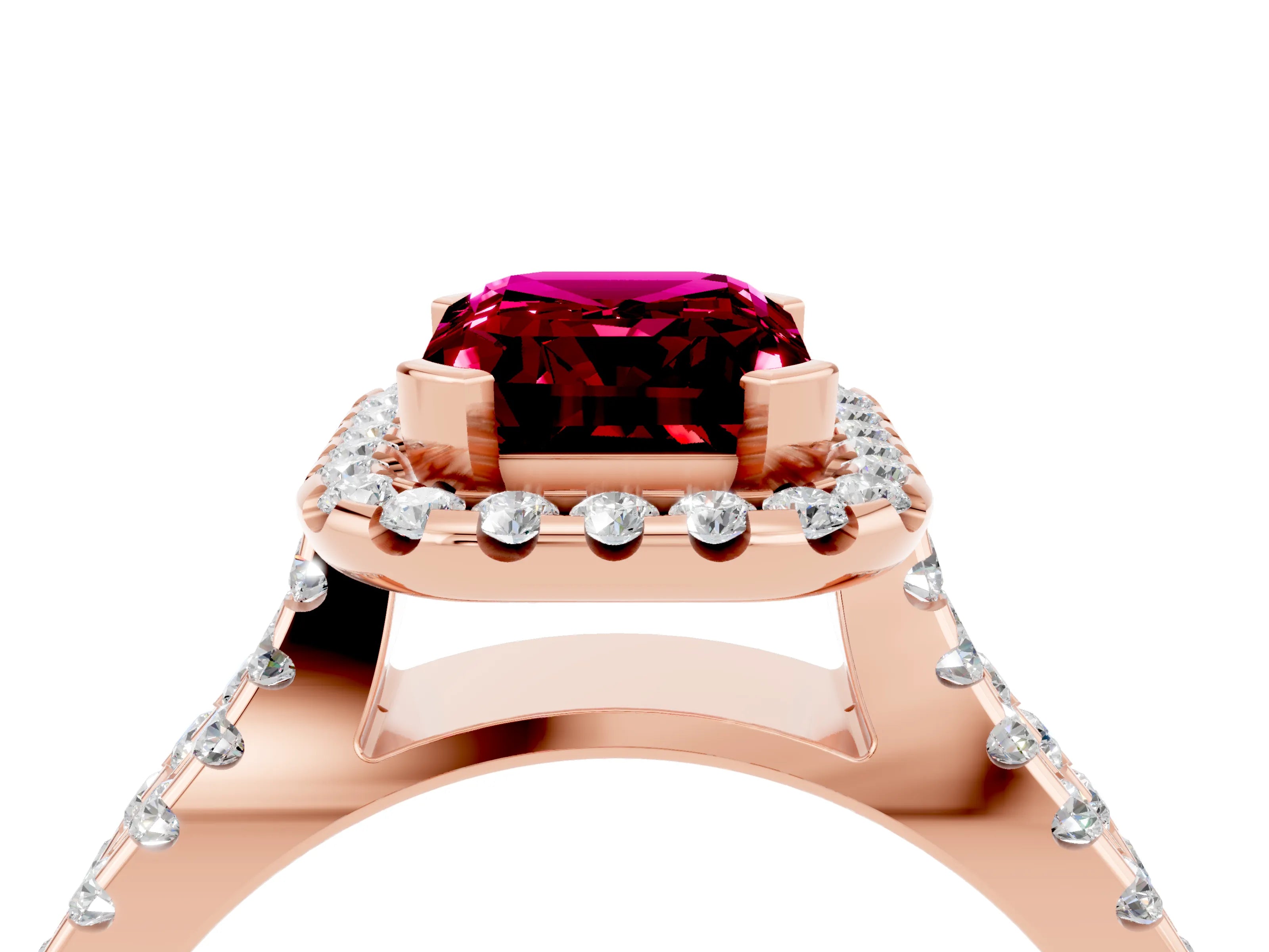 Rose gold Emerald Cut Garnet Halo Ring with Split Shank Pavé Band and Prong Setting_4