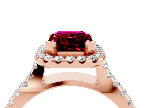 Rose gold Emerald Cut Garnet Halo Ring with Split Shank Pavé Band and Prong Setting_4
