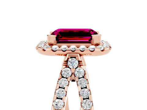 Rose gold Emerald Cut Garnet Halo Ring with Split Shank Pavé Band and Prong Setting_5