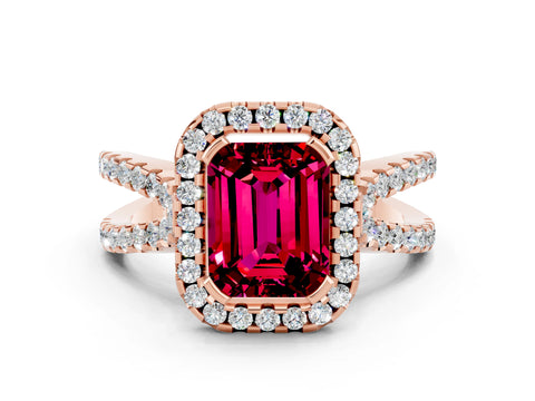 Rose gold Emerald Cut Garnet Halo Ring with Split Shank Pavé Band and Prong Setting