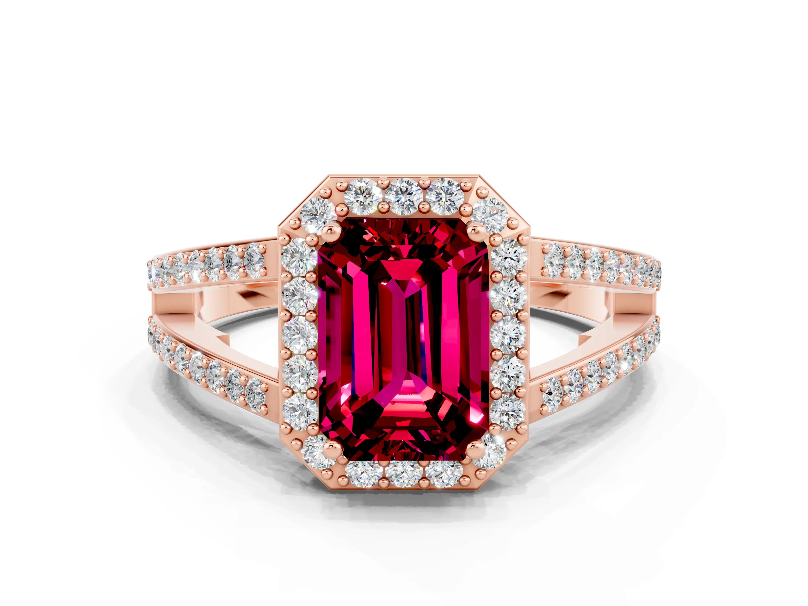 Rose gold Emerald Cut Garnet Halo Ring with Split Shank U-Prong Band and Four-Prong Setting