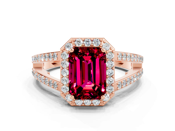 Rose gold Emerald Cut Garnet Halo Ring with Split Shank U-Prong Band and Four-Prong Setting