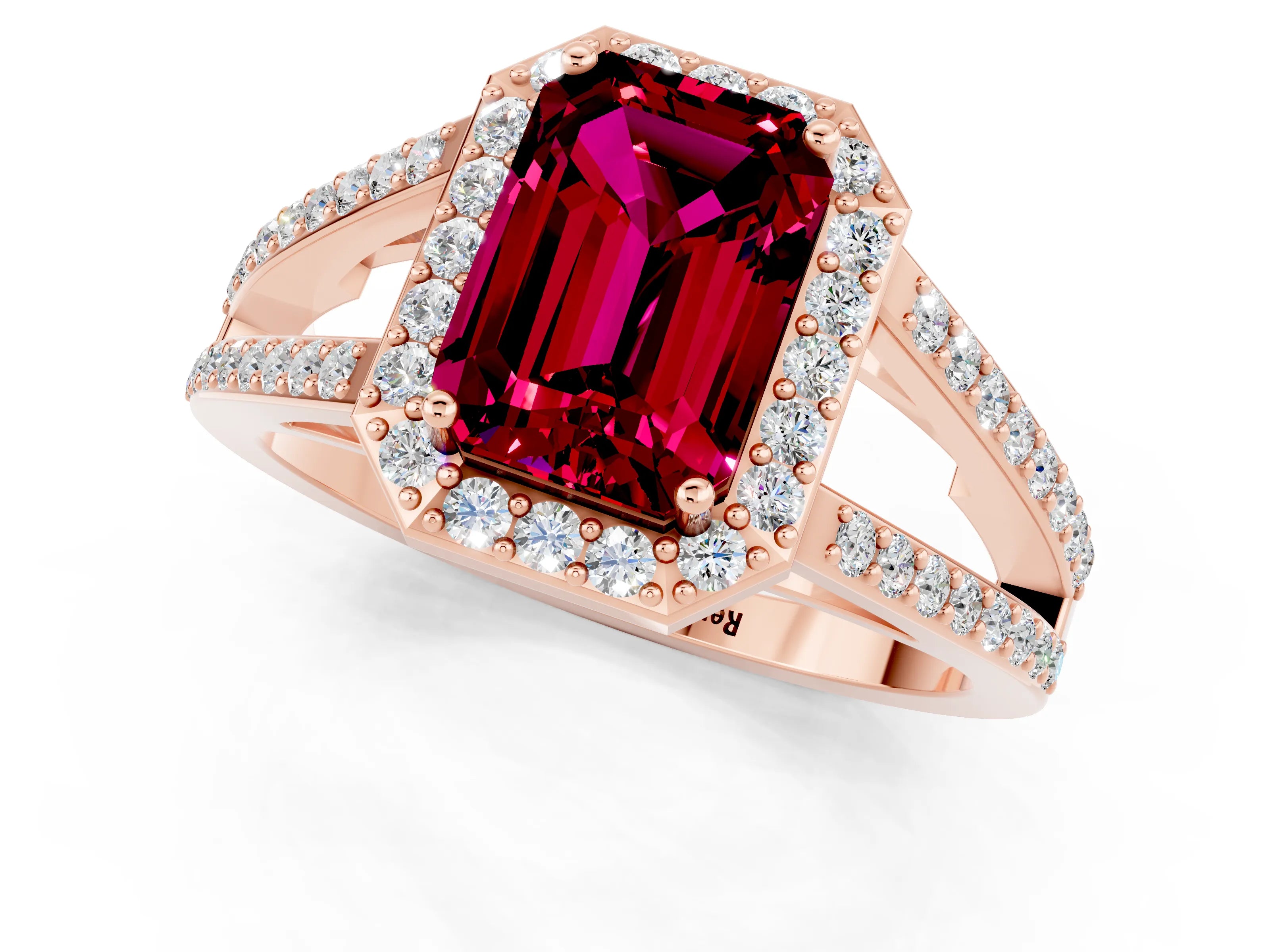 Rose gold Emerald Cut Garnet Halo Ring with Split Shank U-Prong Band and Four-Prong Setting_1
