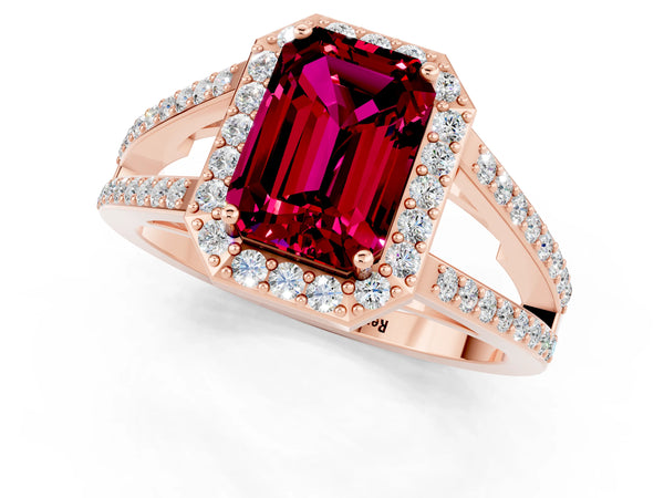 Rose gold Emerald Cut Garnet Halo Ring with Split Shank U-Prong Band and Four-Prong Setting