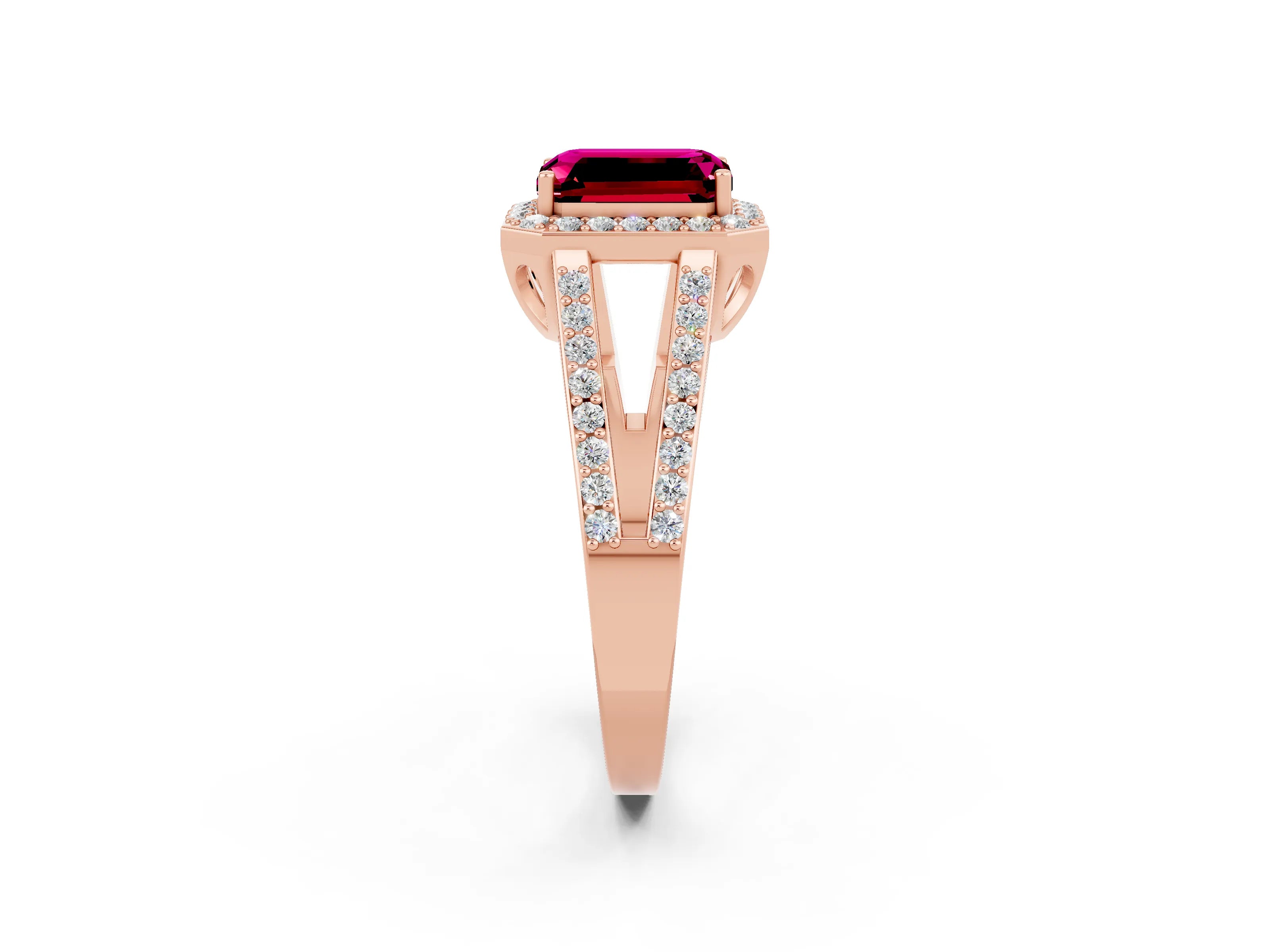 Rose gold Emerald Cut Garnet Halo Ring with Split Shank U-Prong Band and Four-Prong Setting_2