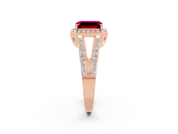 Rose gold Emerald Cut Garnet Halo Ring with Split Shank U-Prong Band and Four-Prong Setting