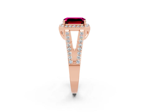 Rose gold Emerald Cut Garnet Halo Ring with Split Shank U-Prong Band and Four-Prong Setting_2