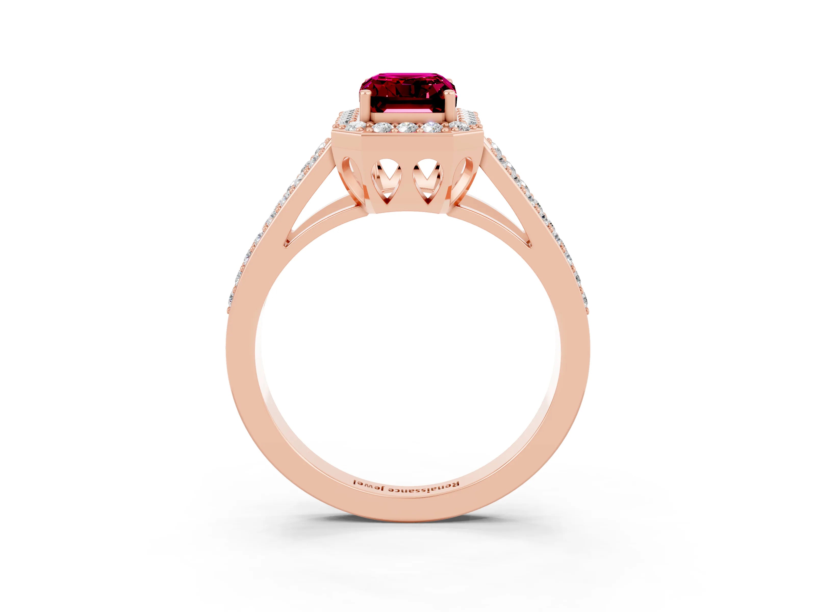 Rose gold Emerald Cut Garnet Halo Ring with Split Shank U-Prong Band and Four-Prong Setting_3
