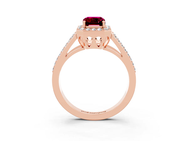 Rose gold Emerald Cut Garnet Halo Ring with Split Shank U-Prong Band and Four-Prong Setting