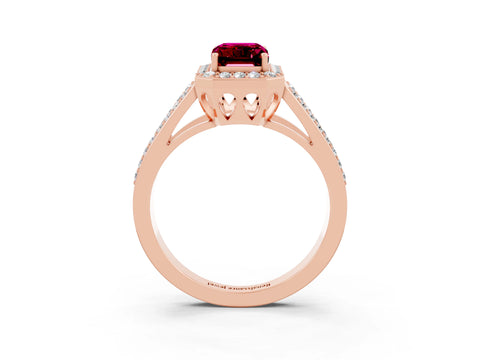 Rose gold Emerald Cut Garnet Halo Ring with Split Shank U-Prong Band and Four-Prong Setting_3