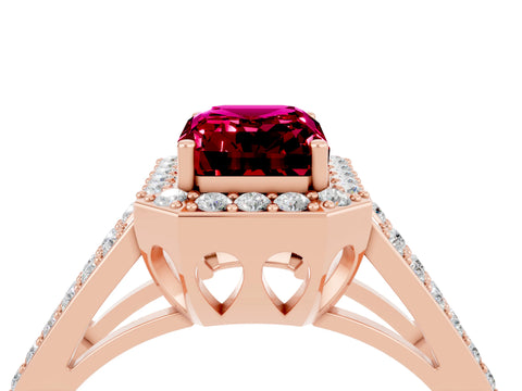 Rose gold Emerald Cut Garnet Halo Ring with Split Shank U-Prong Band and Four-Prong Setting_4
