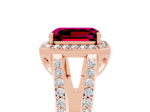 Rose gold Emerald Cut Garnet Halo Ring with Split Shank U-Prong Band and Four-Prong Setting_5