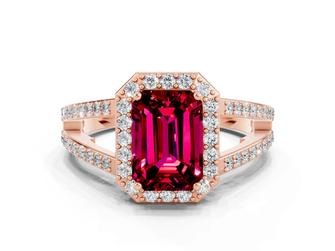 Rose gold Emerald Cut Garnet Halo Ring with Split Shank U-Prong Band and Four-Prong Setting