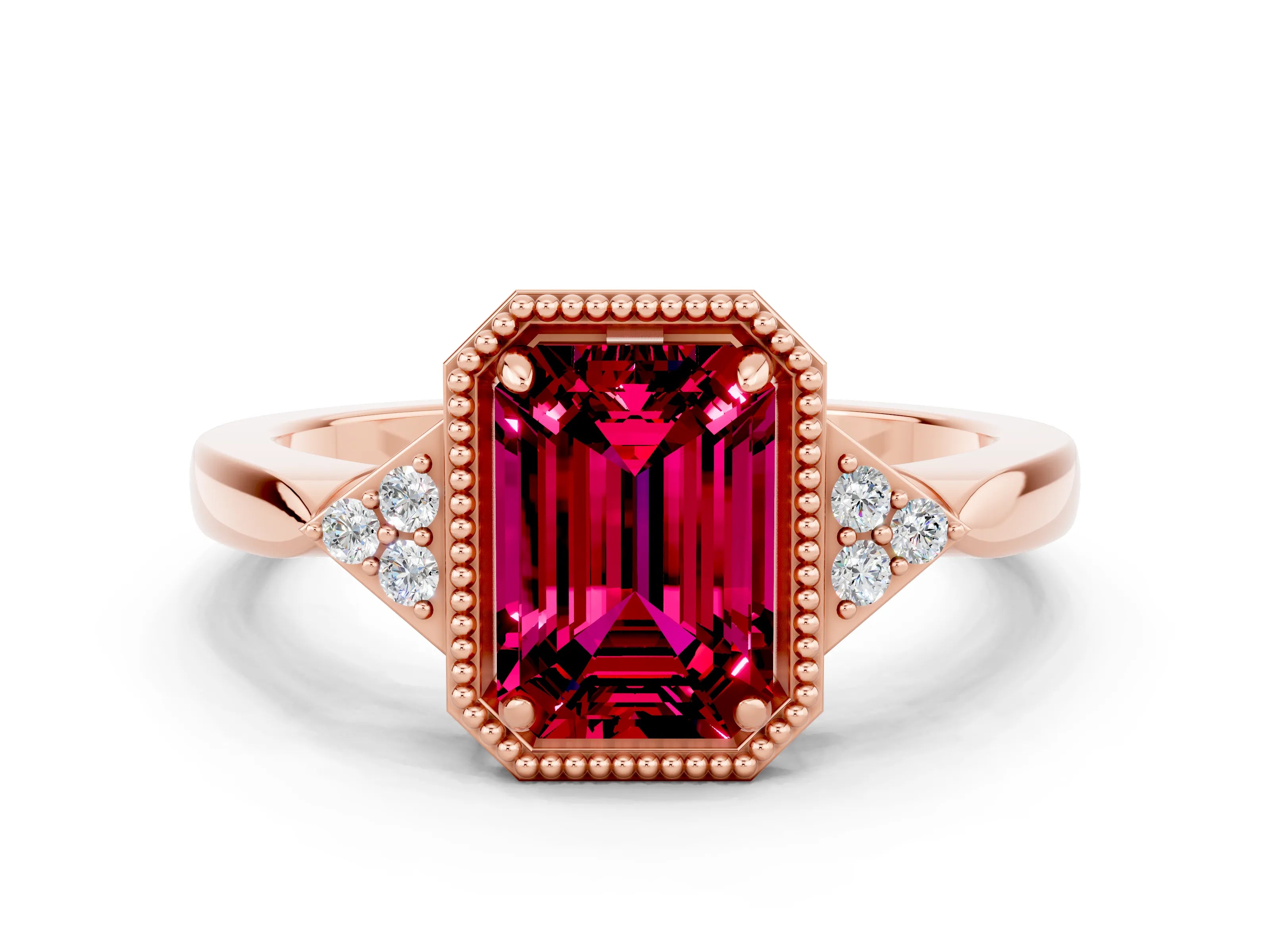 Rose gold Emerald Cut Garnet Halo Ring with Tapered Band and Four-Prong Setting