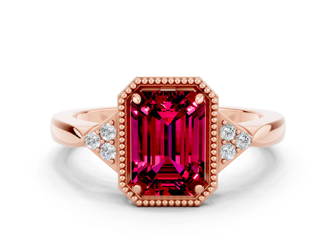 Rose gold Emerald Cut Garnet Halo Ring with Tapered Band and Four-Prong Setting