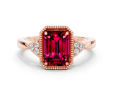 Rose gold Emerald Cut Garnet Halo Ring with Tapered Band and Four-Prong Setting