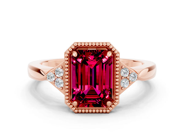Rose gold Emerald Cut Garnet Halo Ring with Tapered Band and Four-Prong Setting