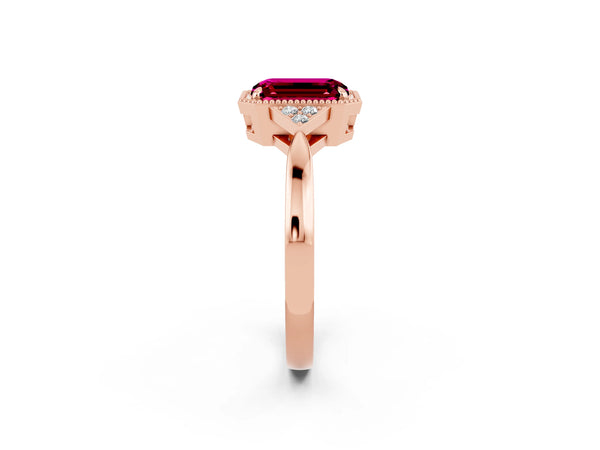 Rose gold Emerald Cut Garnet Halo Ring with Tapered Band and Four-Prong Setting