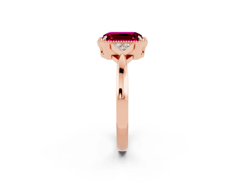 Rose gold Emerald Cut Garnet Halo Ring with Tapered Band and Four-Prong Setting_2