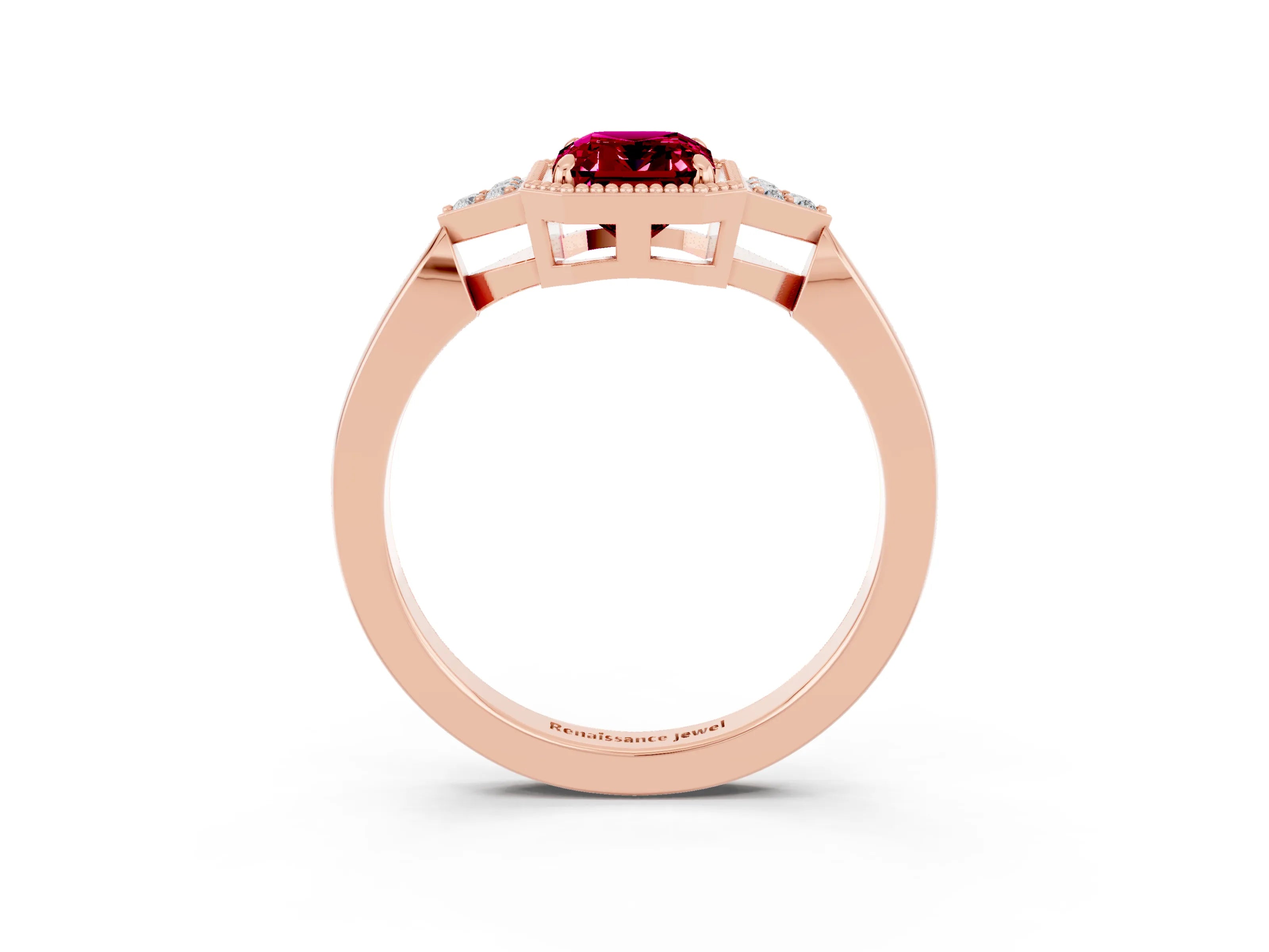 Rose gold Emerald Cut Garnet Halo Ring with Tapered Band and Four-Prong Setting_3