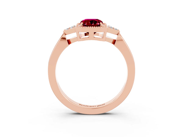 Rose gold Emerald Cut Garnet Halo Ring with Tapered Band and Four-Prong Setting