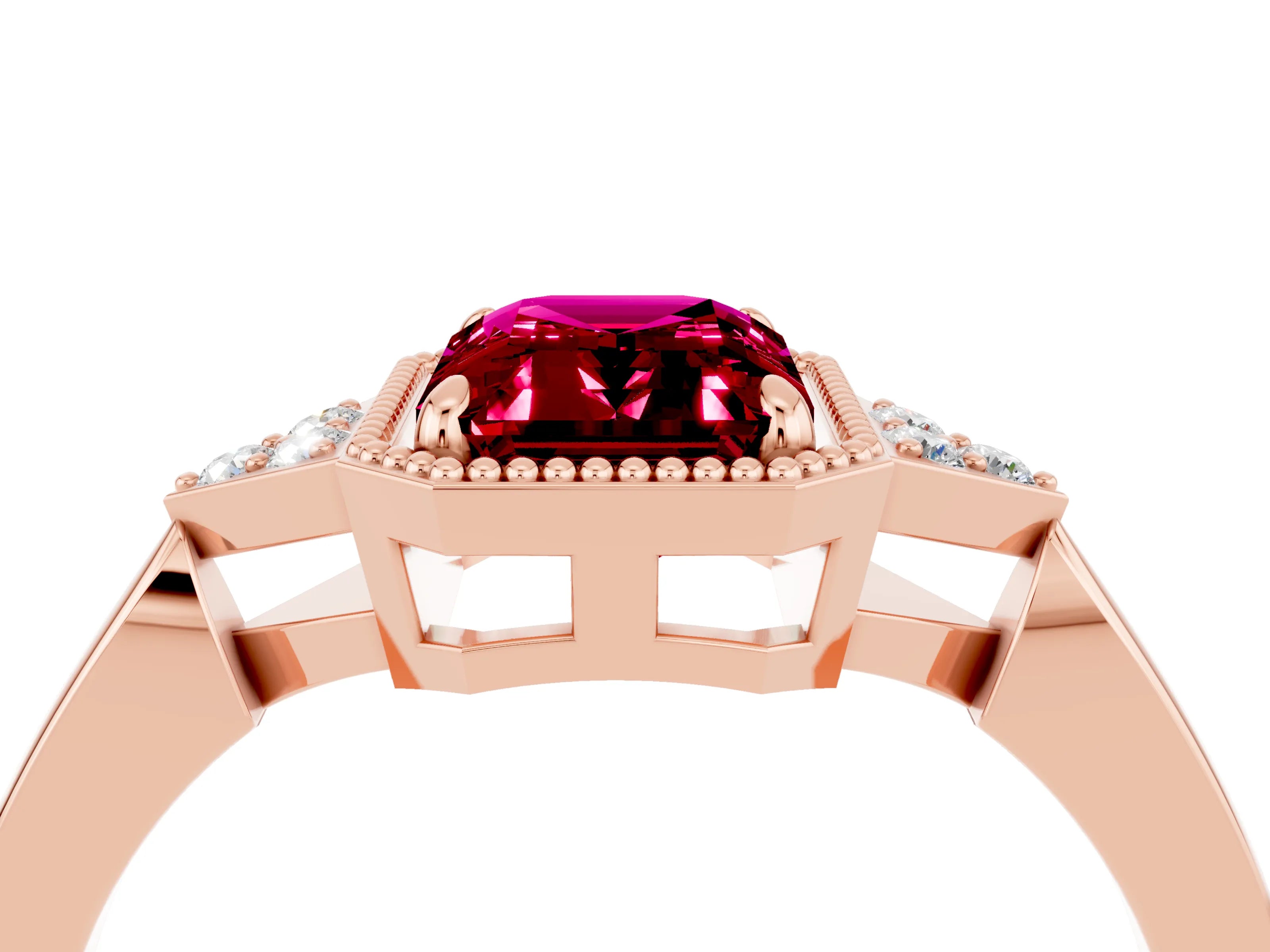 Rose gold Emerald Cut Garnet Halo Ring with Tapered Band and Four-Prong Setting_4
