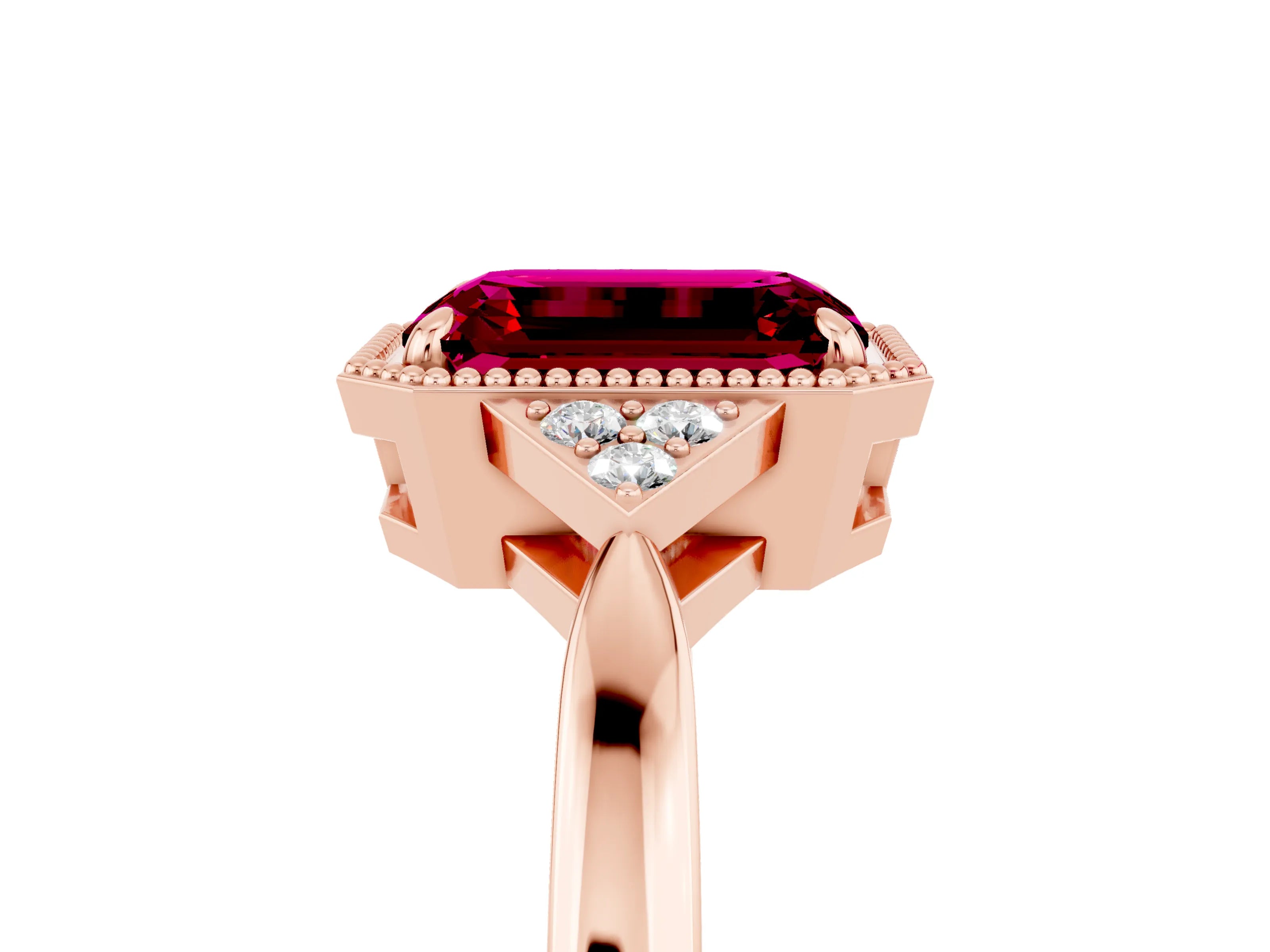 Rose gold Emerald Cut Garnet Halo Ring with Tapered Band and Four-Prong Setting_5