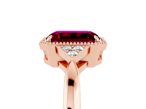 Rose gold Emerald Cut Garnet Halo Ring with Tapered Band and Four-Prong Setting_5
