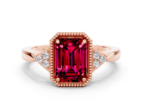 Rose gold Emerald Cut Garnet Halo Ring with Tapered Band and Four-Prong Setting