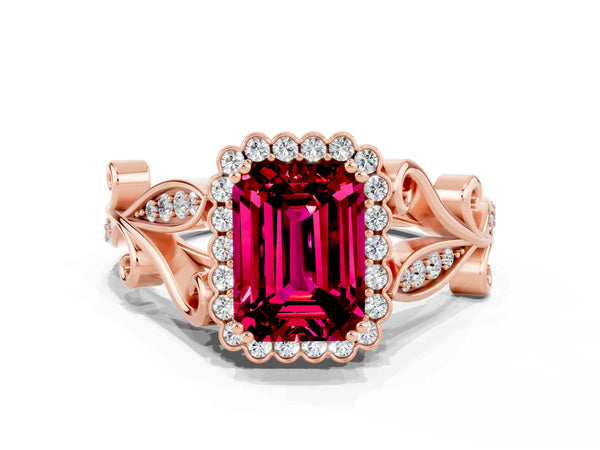 Rose gold Emerald Cut Garnet Halo Ring with Vintage Split Shank and Four-Prong Setting