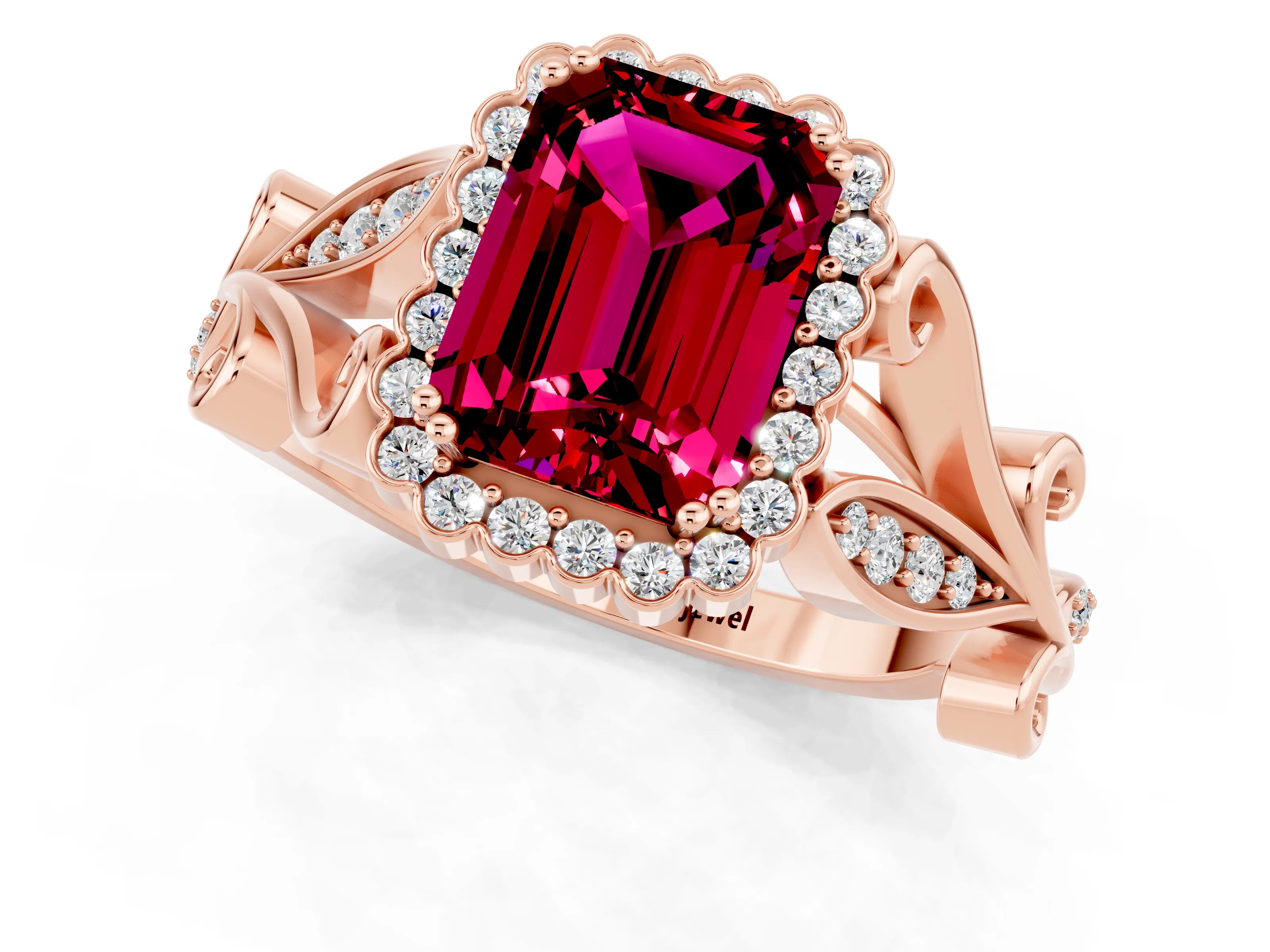 Rose gold Emerald Cut Garnet Halo Ring with Vintage Split Shank and Four-Prong Setting_1