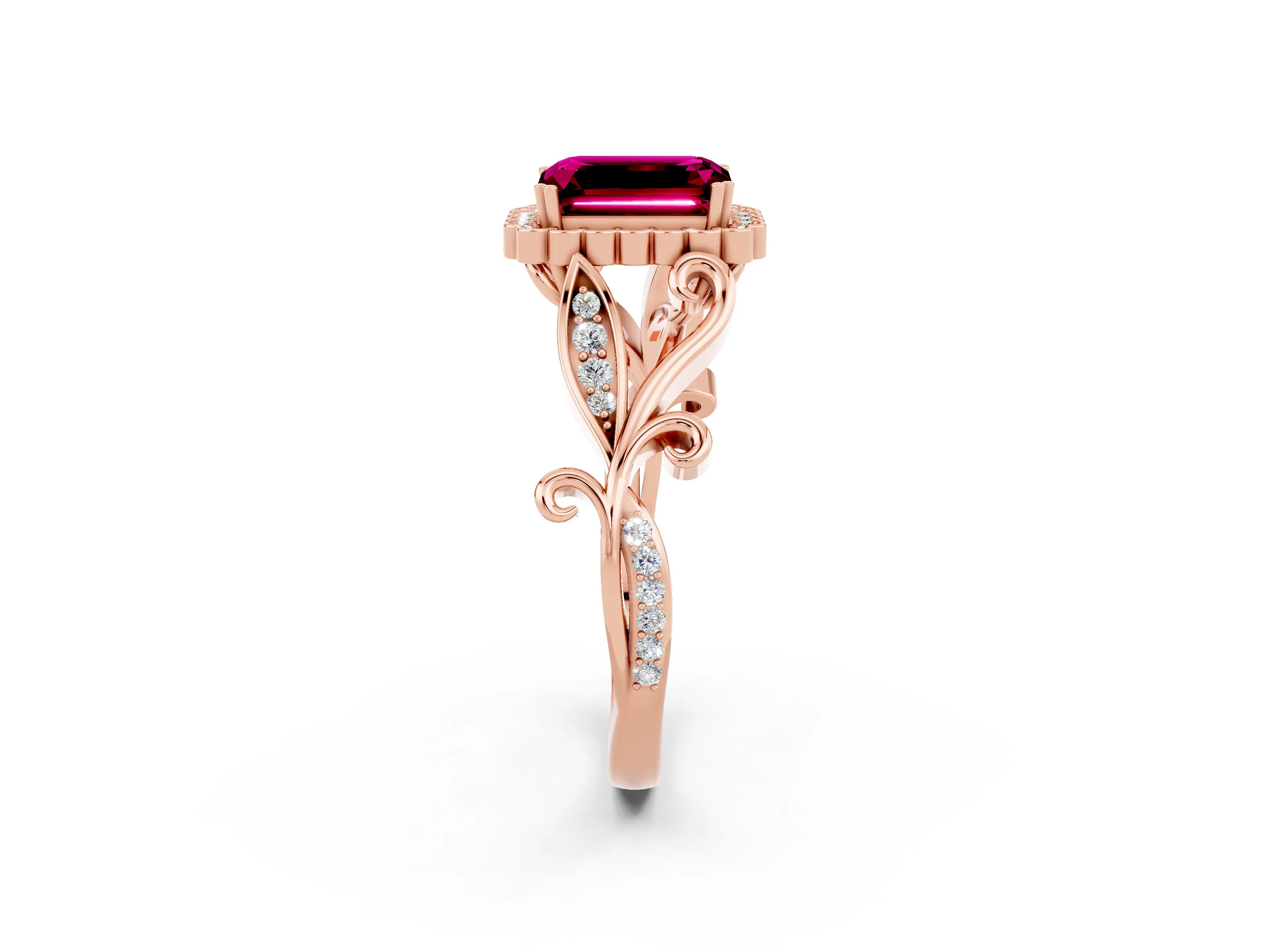 Rose gold Emerald Cut Garnet Halo Ring with Vintage Split Shank and Four-Prong Setting_2