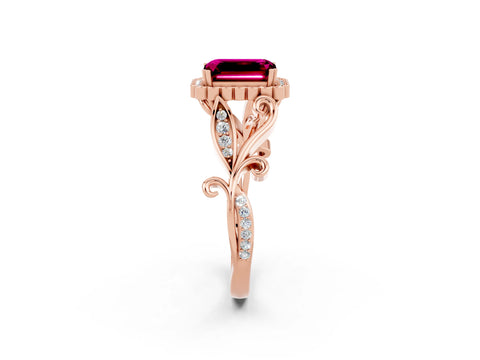Rose gold Emerald Cut Garnet Halo Ring with Vintage Split Shank and Four-Prong Setting_2