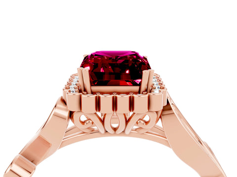 Rose gold Emerald Cut Garnet Halo Ring with Vintage Split Shank and Four-Prong Setting_4