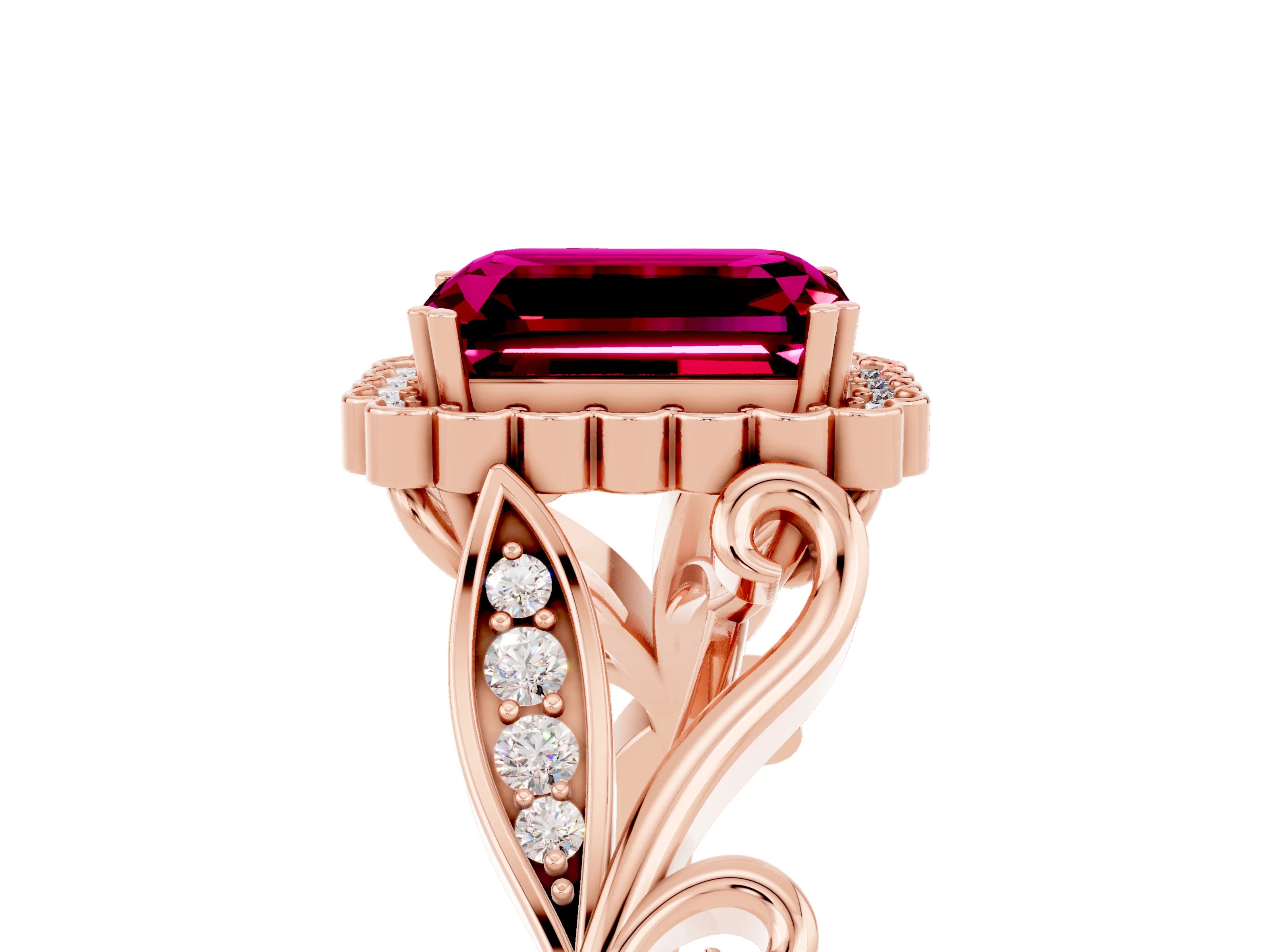 Rose gold Emerald Cut Garnet Halo Ring with Vintage Split Shank and Four-Prong Setting_5