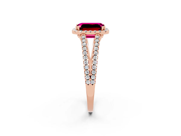 Rose gold Emerald Cut Garnet Halo Split Shank Engagement Ring
