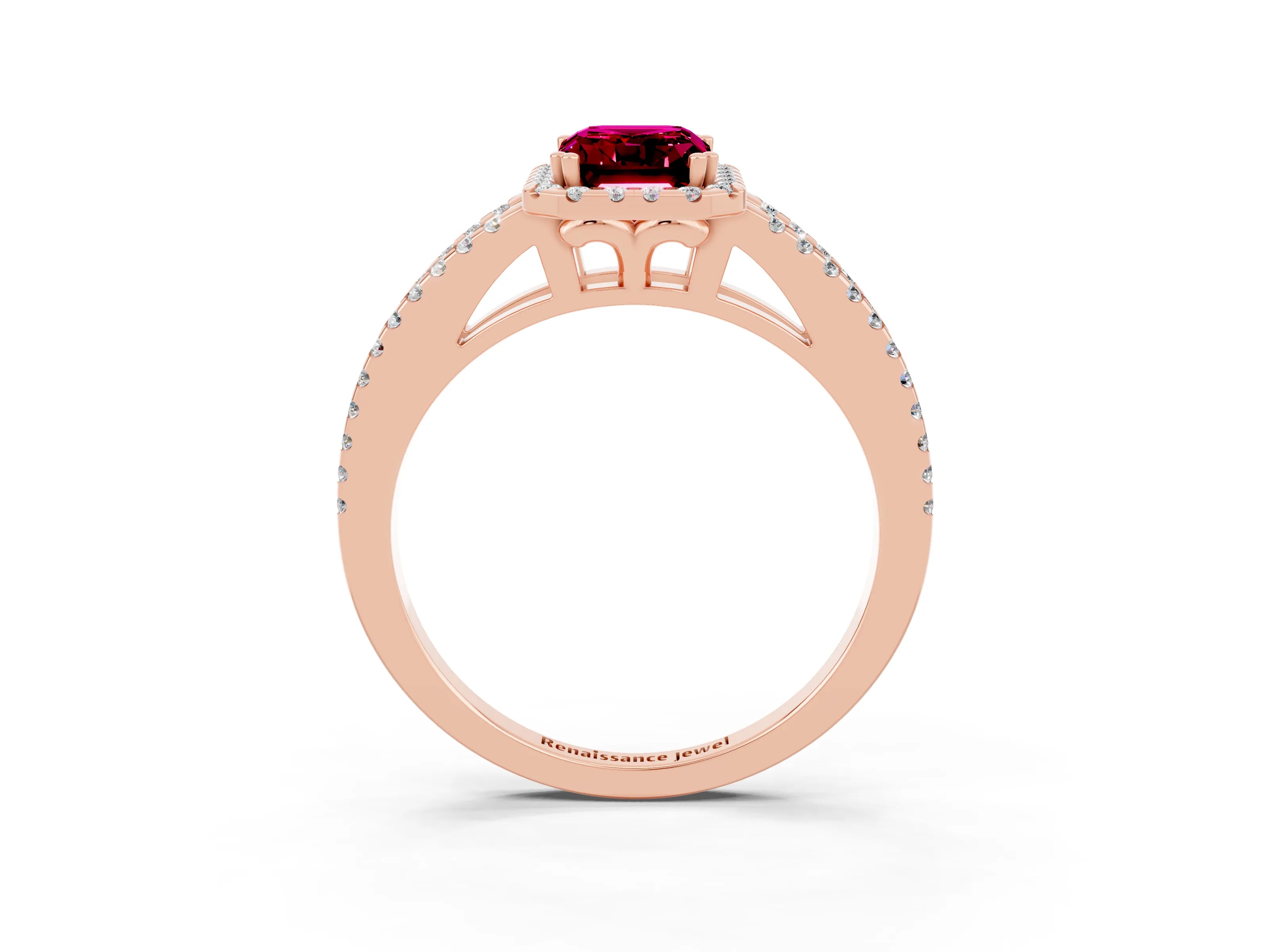 Rose gold Emerald Cut Garnet Halo Split Shank Engagement Ring_15