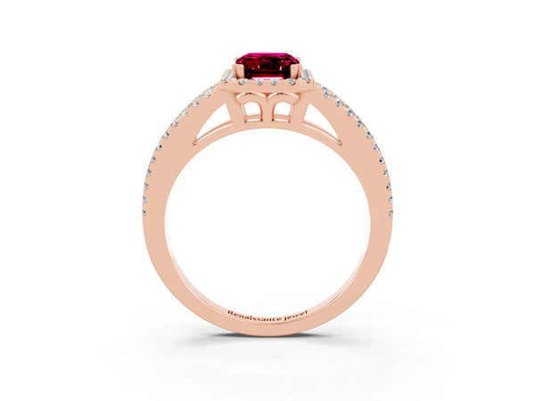Rose gold Emerald Cut Garnet Halo Split Shank Engagement Ring