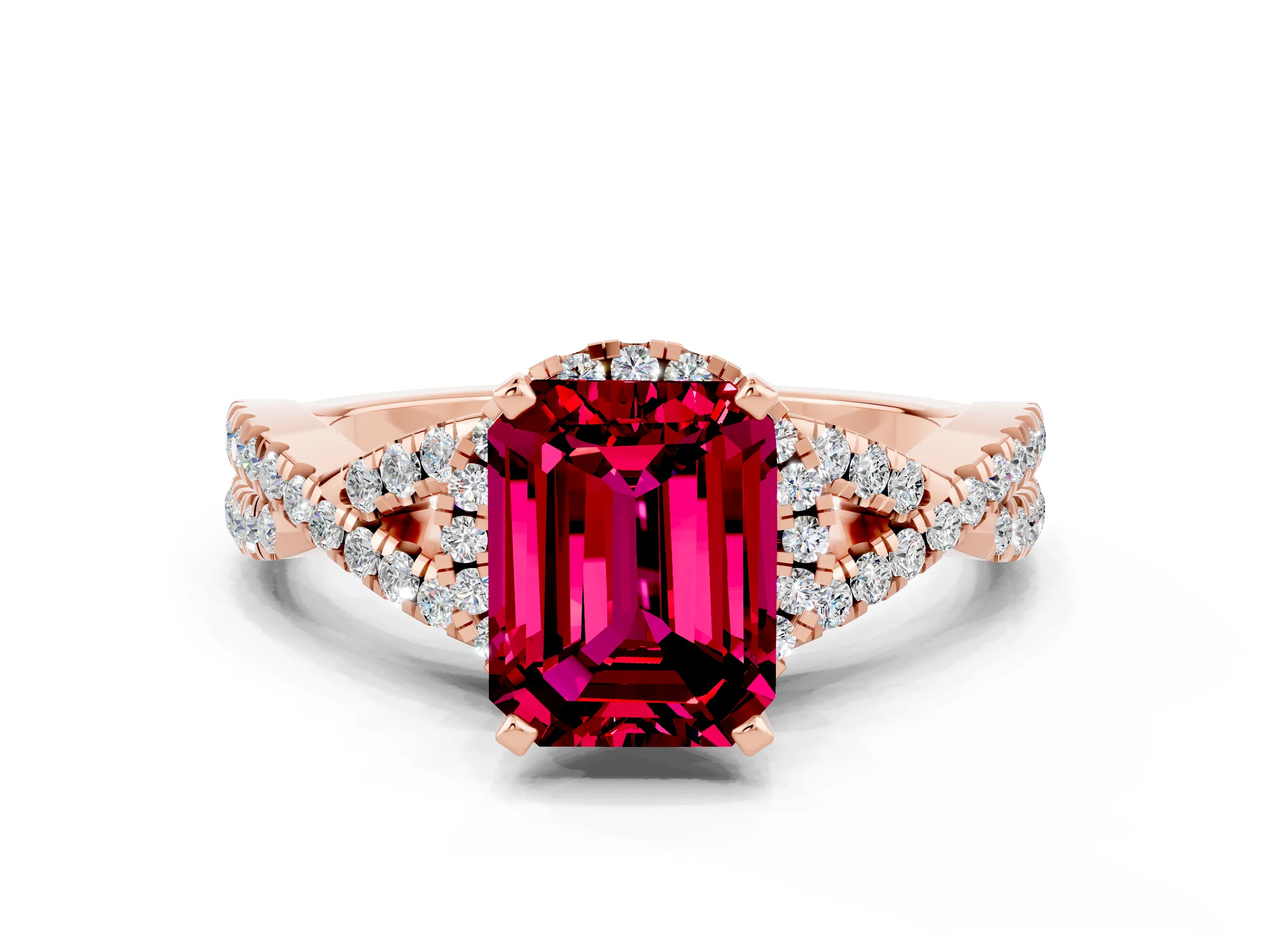 Rose gold Emerald Cut Garnet Halo Twist Band Solitaire Prong Setting Ring