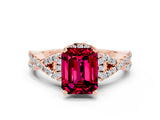 Rose gold Emerald Cut Garnet Halo Twist Band Solitaire Prong Setting Ring