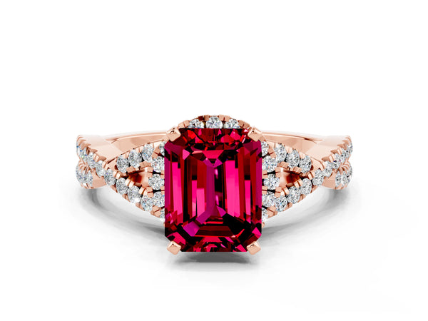 Rose gold Emerald Cut Garnet  Halo Twist Band Solitaire Prong Setting Ring