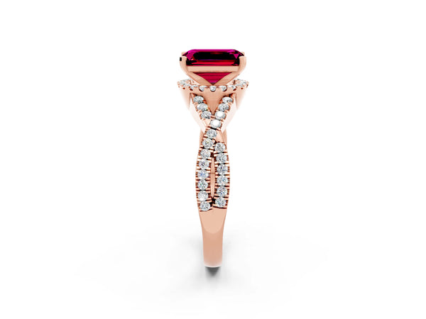 Rose gold Emerald Cut Garnet  Halo Twist Band Solitaire Prong Setting Ring