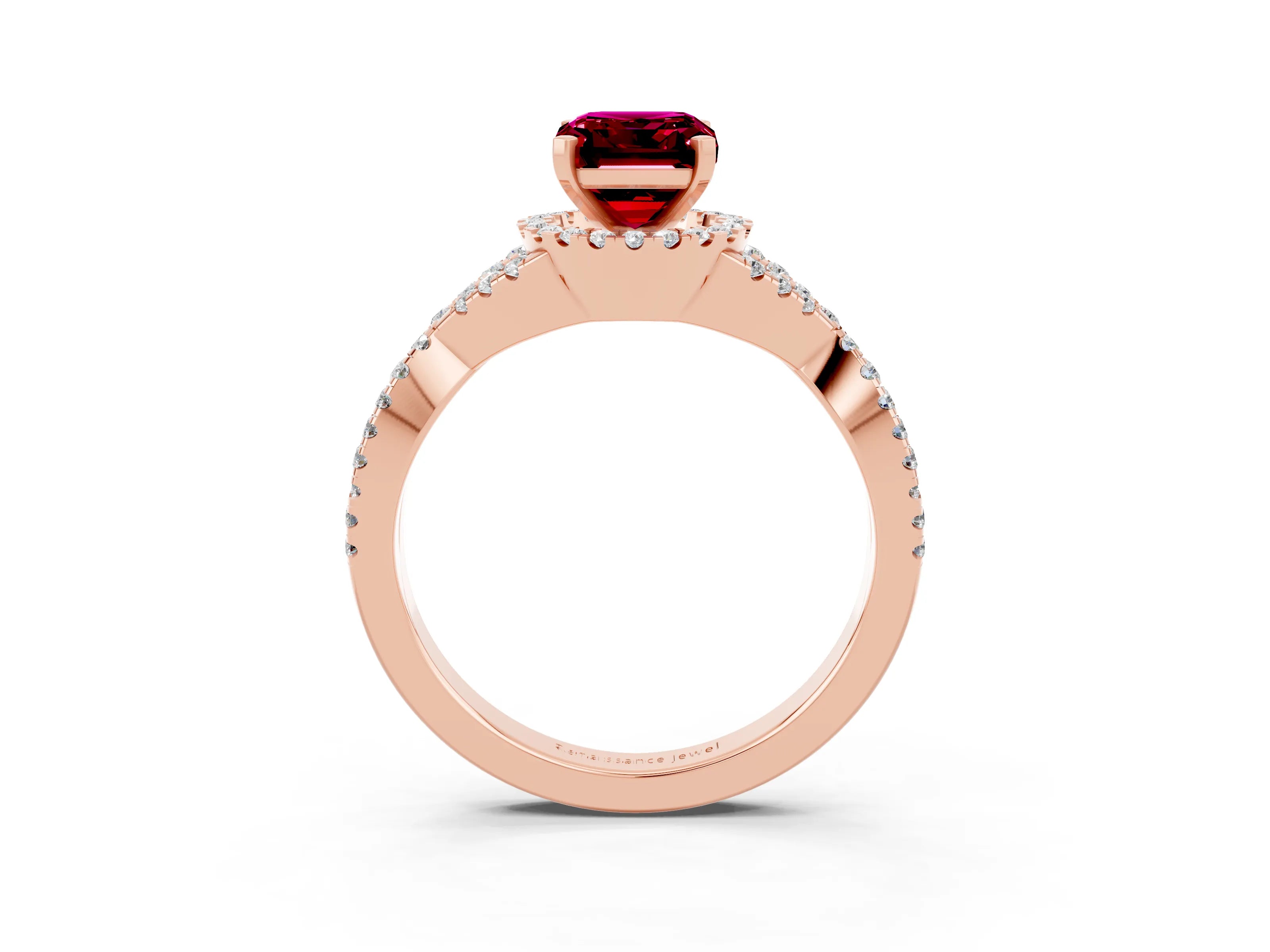 Rose gold Emerald Cut Garnet Halo Twist Band Solitaire Prong Setting Ring_3