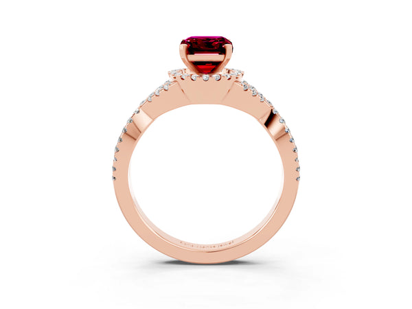 Rose gold Emerald Cut Garnet  Halo Twist Band Solitaire Prong Setting Ring