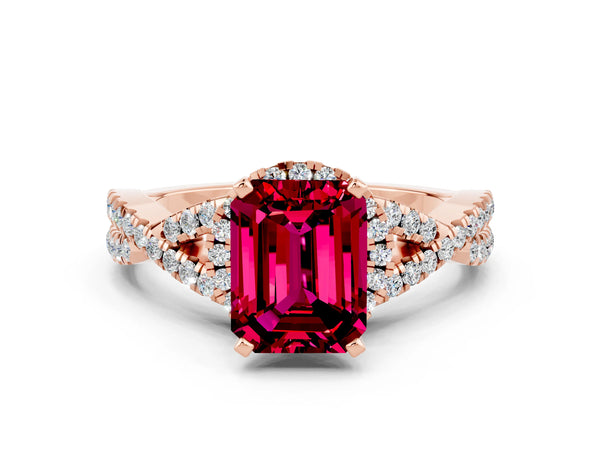 Rose gold Emerald Cut Garnet  Halo Twist Band Solitaire Prong Setting Ring