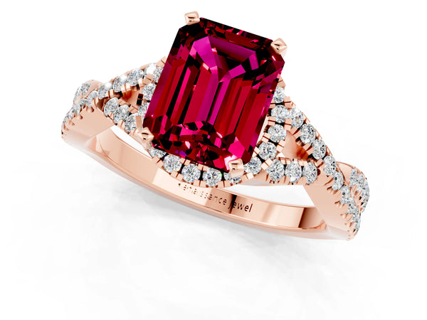Rose gold Emerald Cut Garnet  Halo Twist Band Solitaire Prong Setting Ring